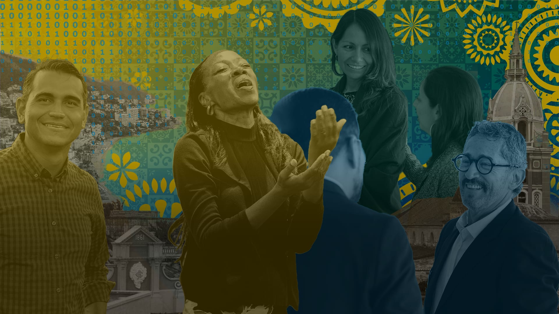 Forum key art — leaders from across Latin America and the Caribbean, one with hands raised in worship, over a ground of Latin American tilework, papel picado, a hillside city and a domed cathedral.